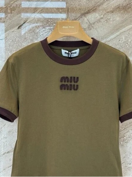 Miu Miu Tops - Miu Miu Olive Green Short Sleeve Logo Ringer Tee with Brown Trim